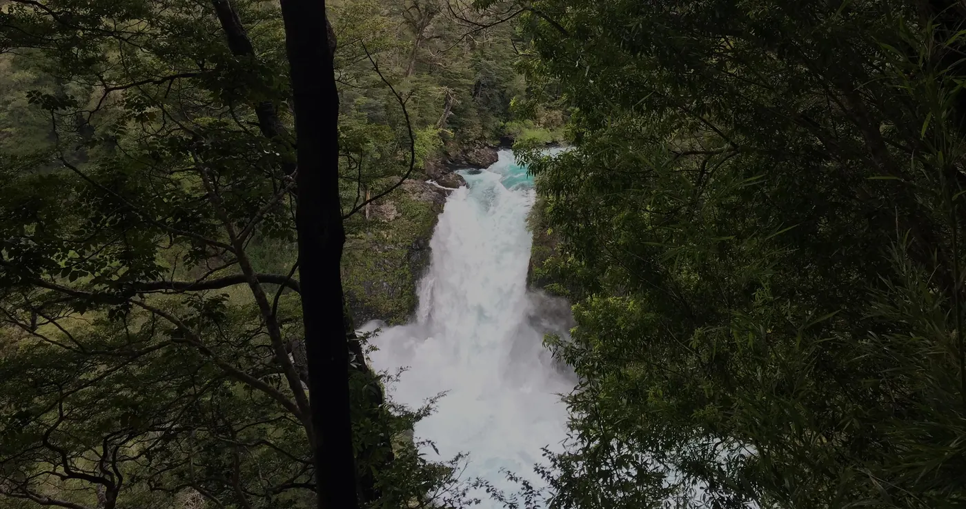 Cascada entre bosque nativo en el sur de Chile